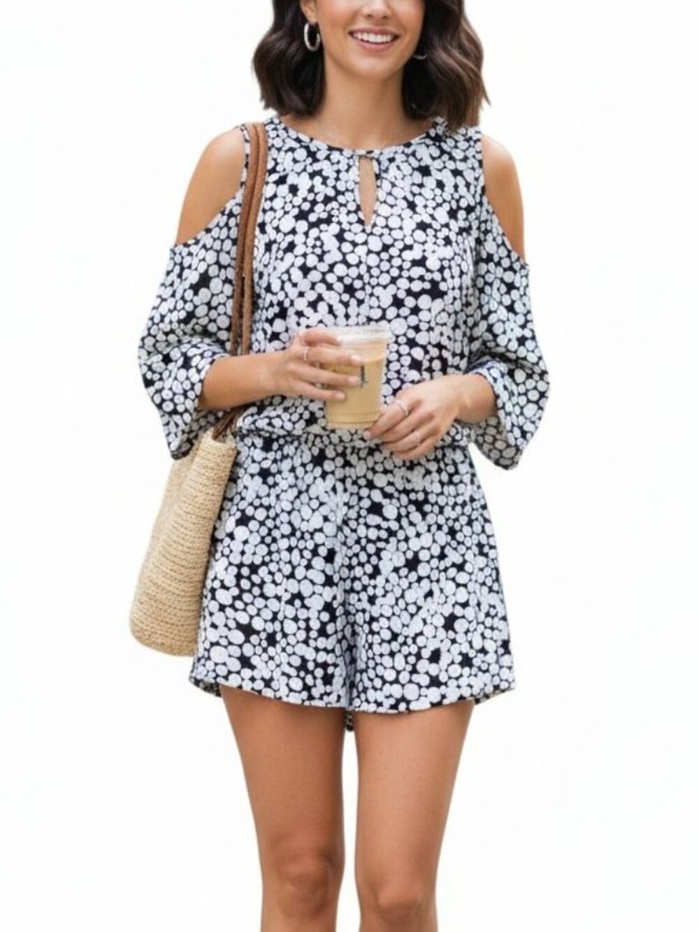 Bar III Black & White Spot Cold Shoulder Romper - Small